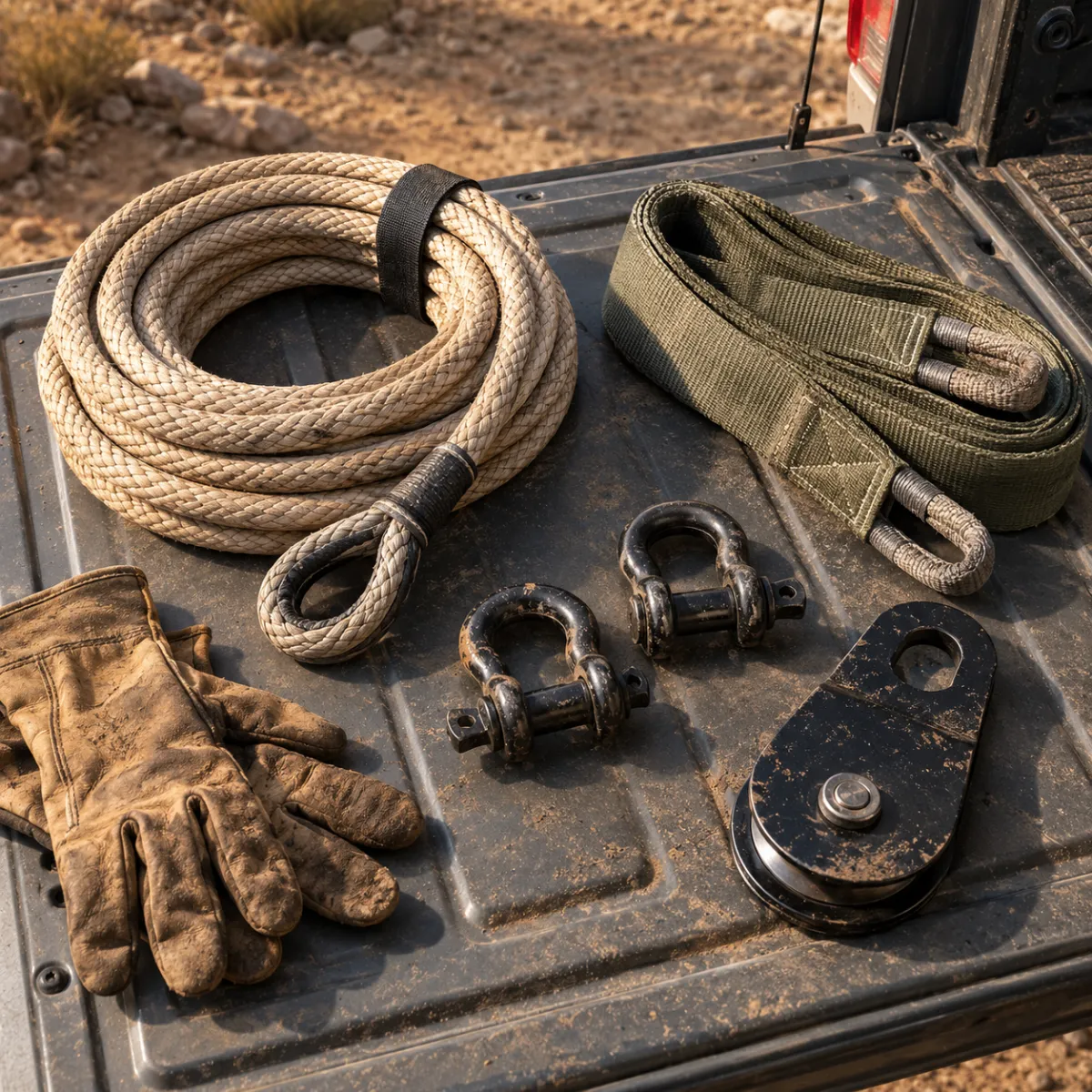 Winch recovery kit with hawse fairlead, snatch block, shackles and tree-saver strap