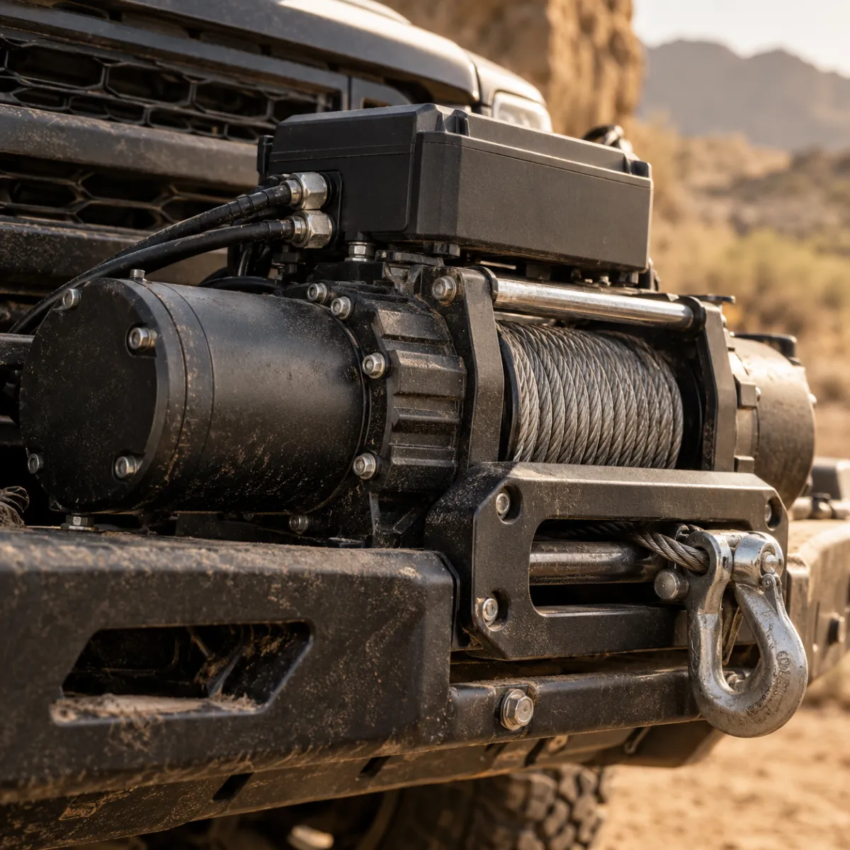 Close-up of a premium winch with planetary gear housing and control pack
