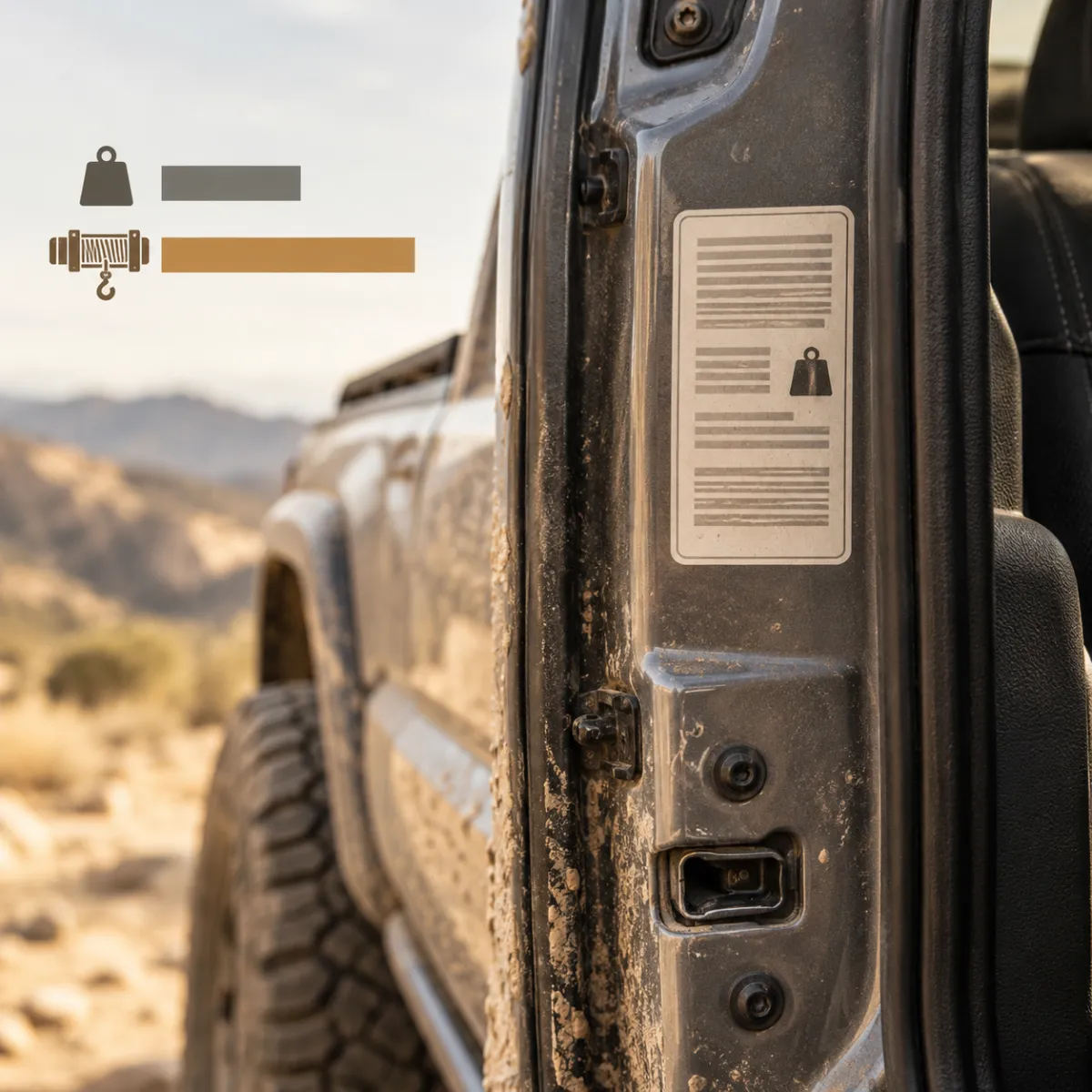 GVWR sticker on a truck door jamb next to a winch capacity chart