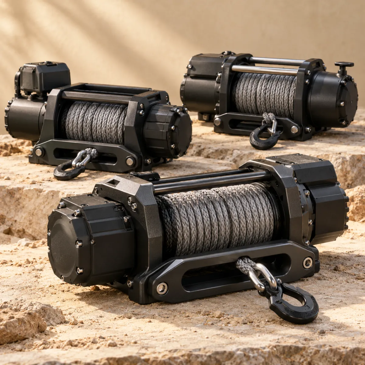 Side-by-side lineup of 12,000 lb electric truck winches with synthetic rope