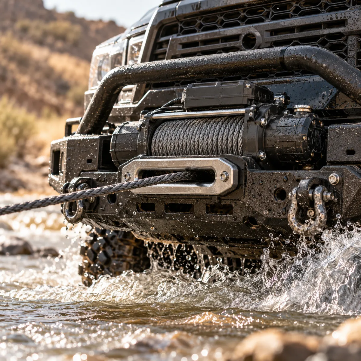 Sealed winch splashed with water during a river crossing