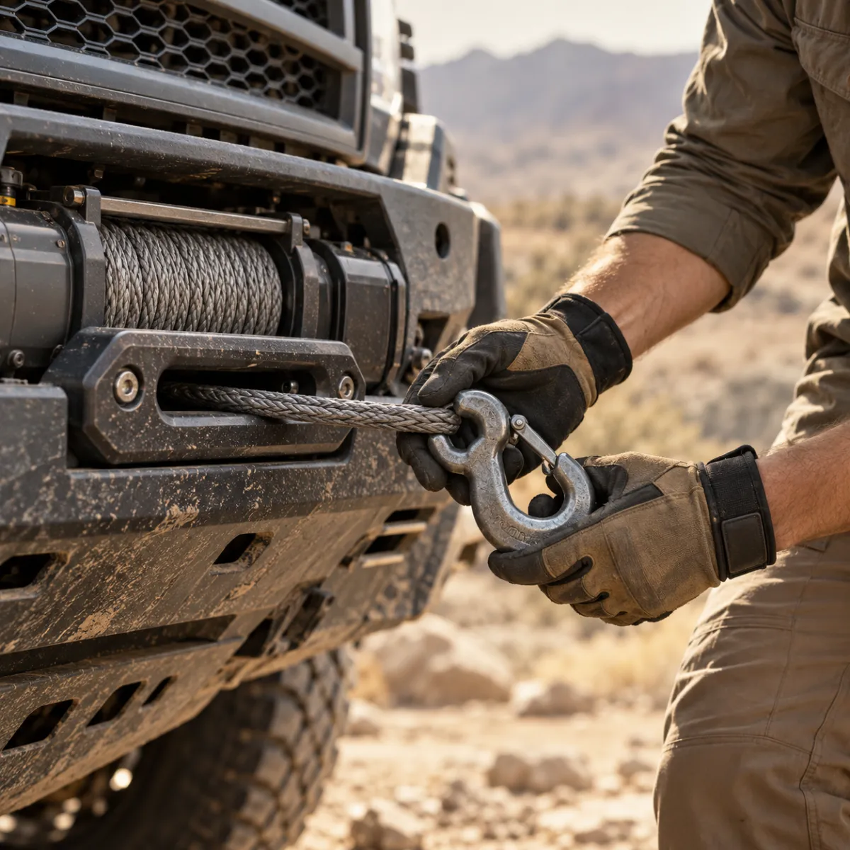 Owner inspecting a truck winch and rope before a trail run