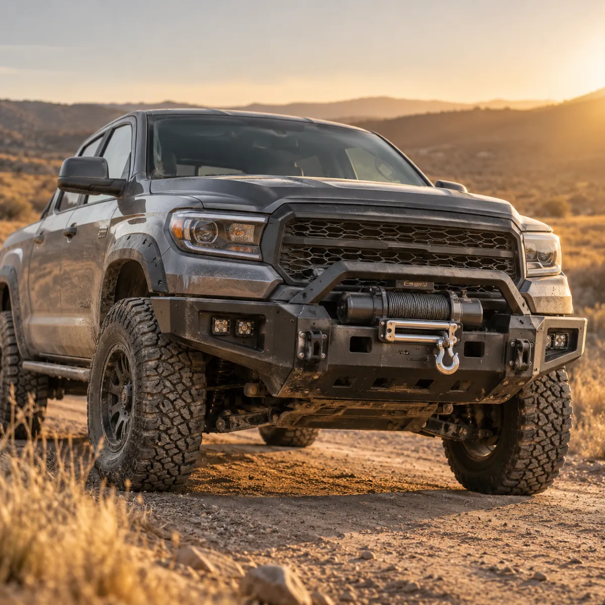 Pickup with a winch driving out of a trail at sunset