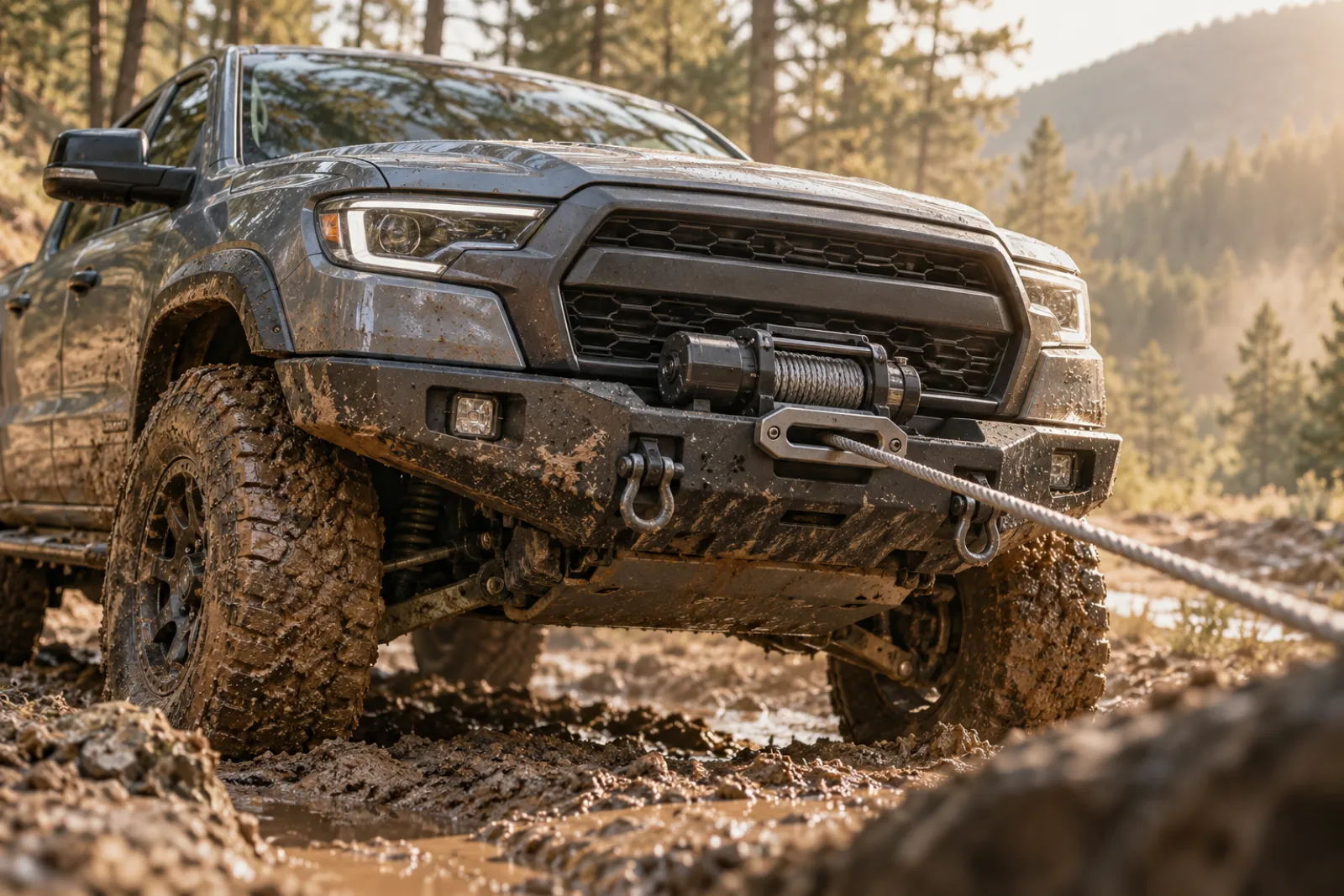 Full-size pickup with a front-mounted winch pulling itself out of a muddy trail