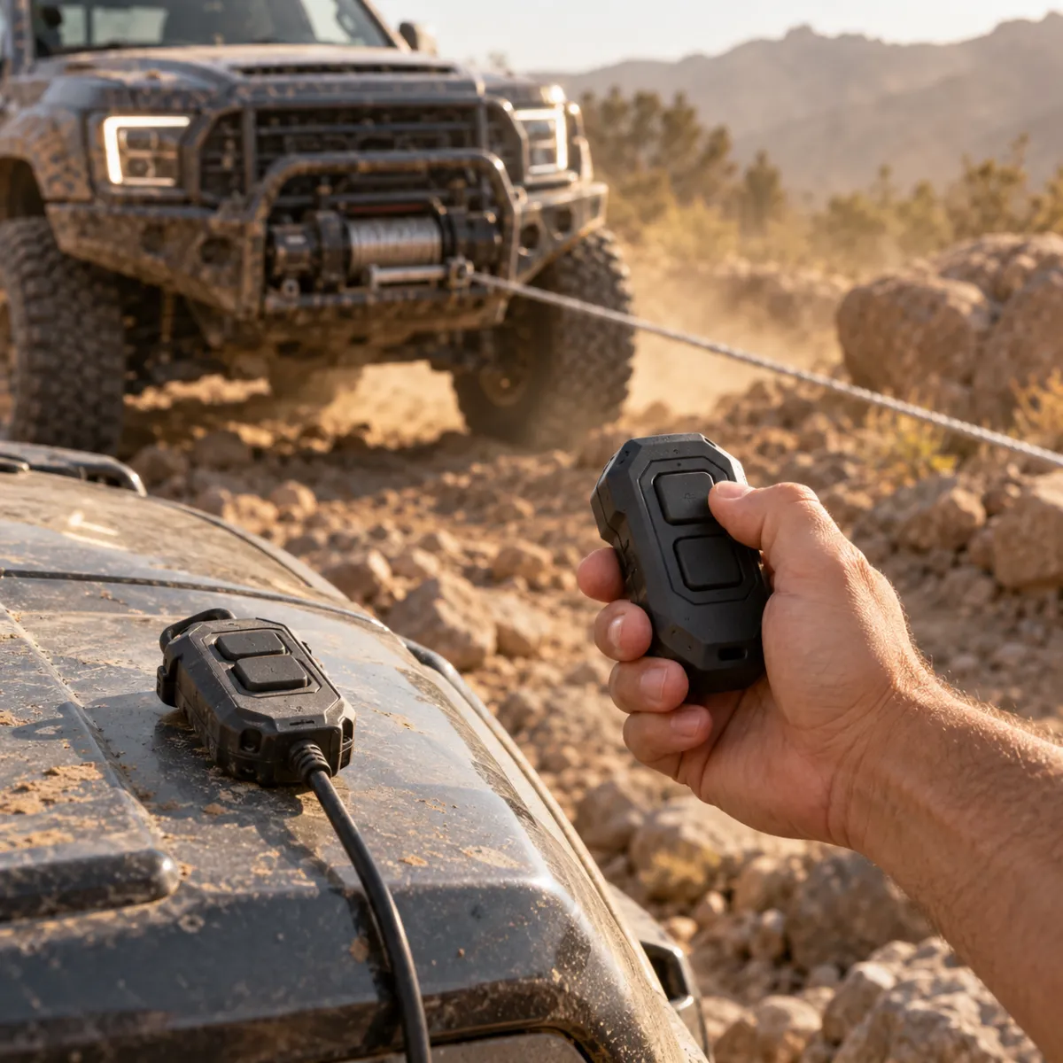 Driver standing clear of the line using a wireless winch remote