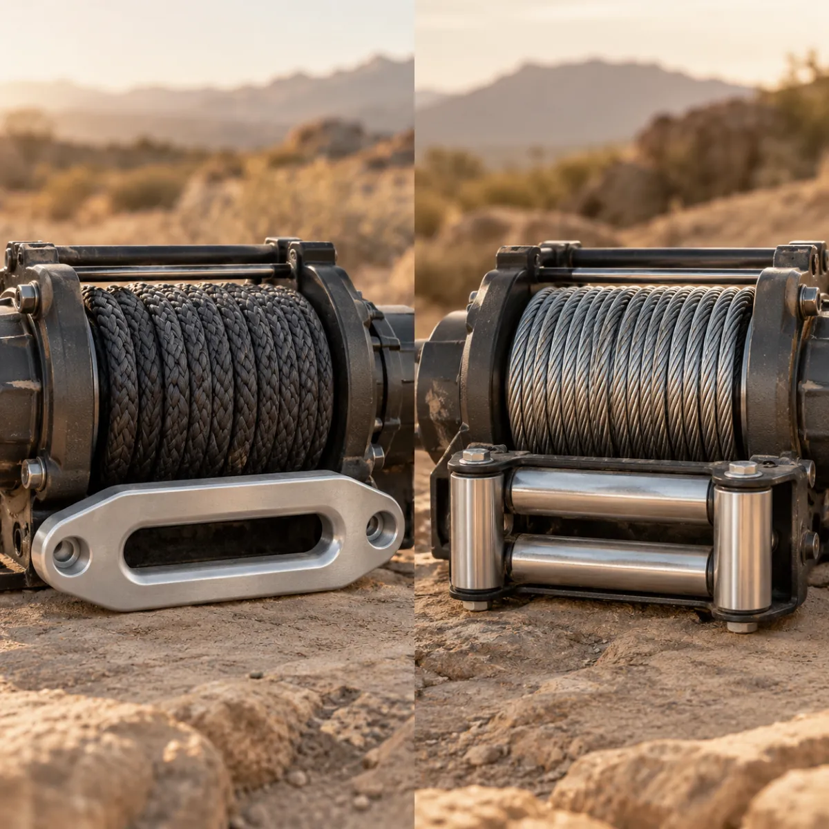 Synthetic winch rope next to steel cable on two winch drums