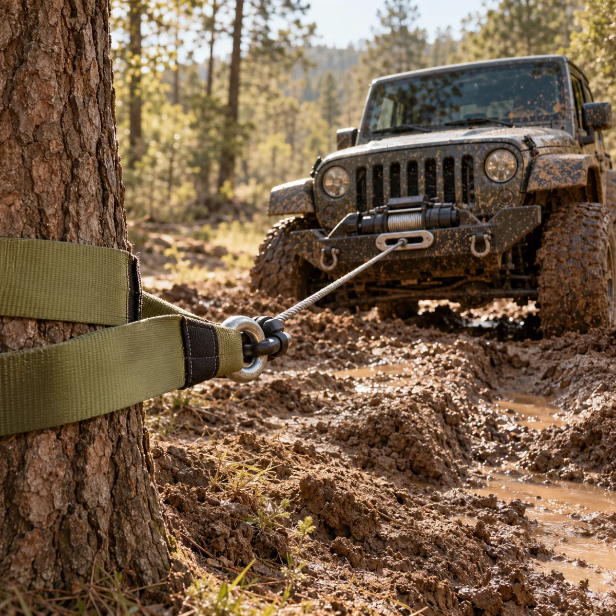 Jeep stuck in deep mud being recovered by its own winch anchored to a tree